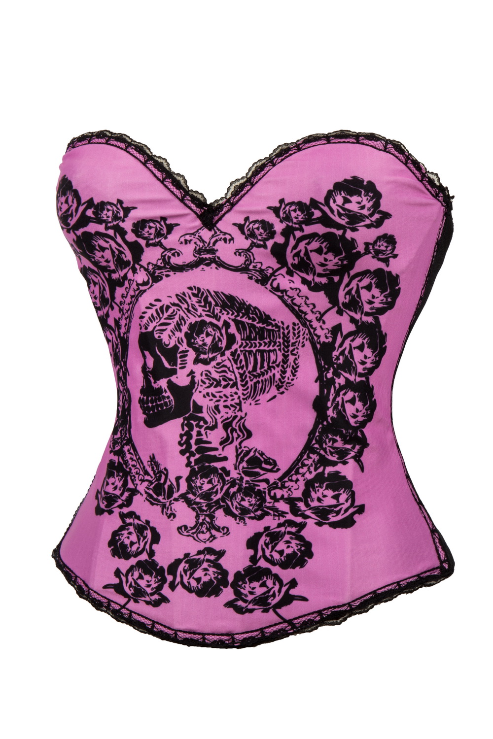 F66366    Pink Cotton Floral And Skull Burlesque Corset